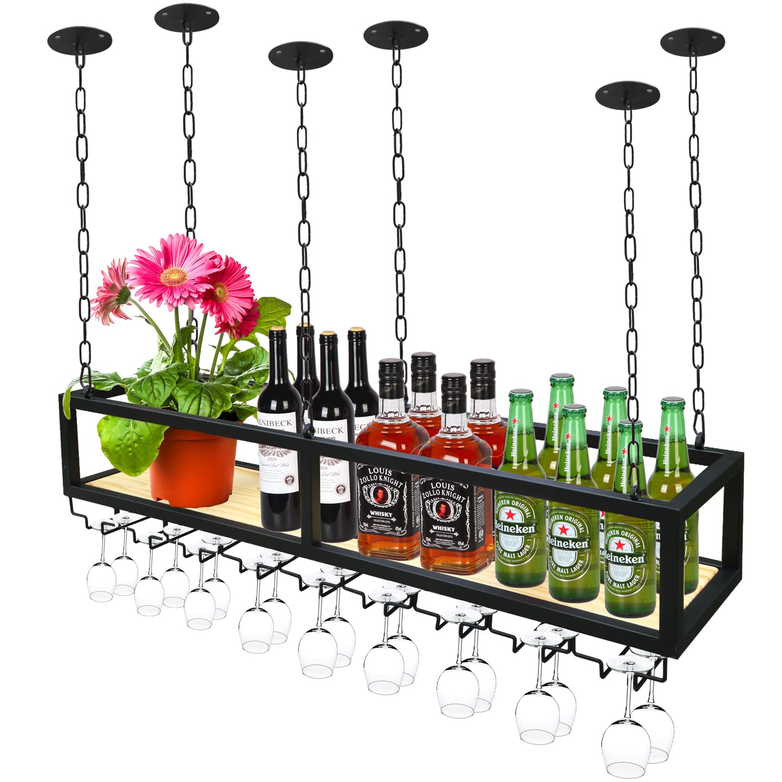 Meuble haut bouteilles de vin suspendu industriel avec porte-verre et étagère de bar 80cm
