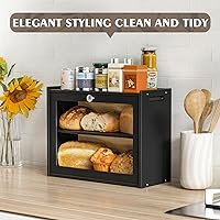 Vista 6 de Panera para encimera de cocina, almacenamiento de pan de bambú de doble capa de gran capacidad con puerta transparente, caja de pan fácil de Negro