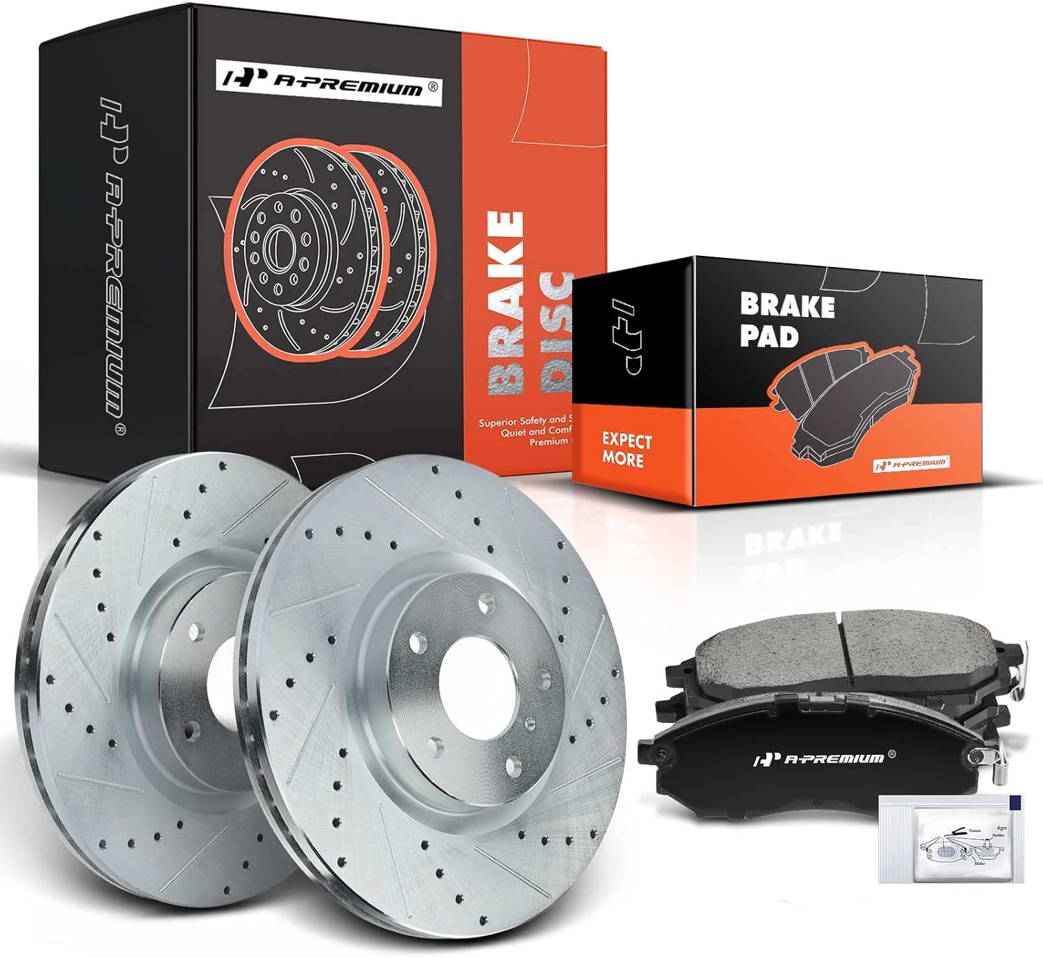A-Premium 12.58 inch (319.6mm) Front Drilled and Slotted Disc Brake Rotors + Ceramic Pads Kit Compatible with Select Infiniti and Nissan Models - EX35, EX37, G25, G35, G37, M35, Q40, 350Z, Murano