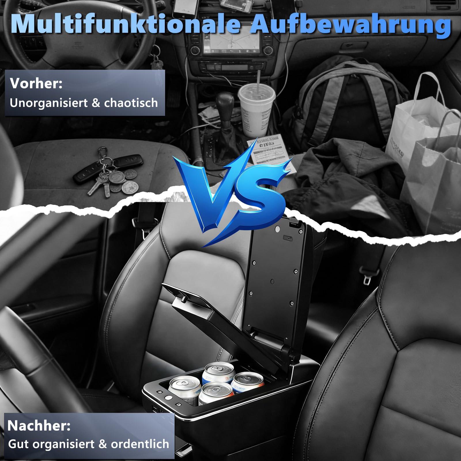 Mittelarmlehne für VW UP 2011-2023, Auto Armlehne Doppelschichtige Aufbewahrungsbox, Verstellbare Mittelkonsole, Kunstleder Schwarz