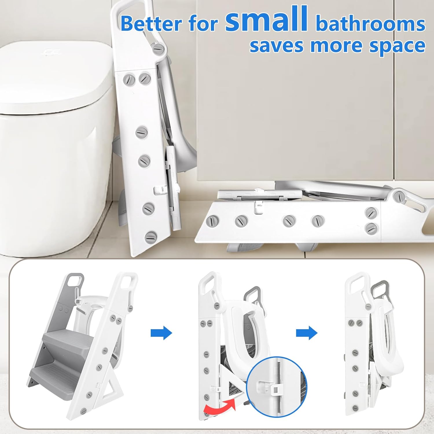 Easy Storage Potty Training Seat with Ladder, Adjustable Step and Toilet Seat Height, Easy-Grip Handles for Climbing, Foldable Portable Toddler Toilet Trainer, Perfect for Small Bathrooms