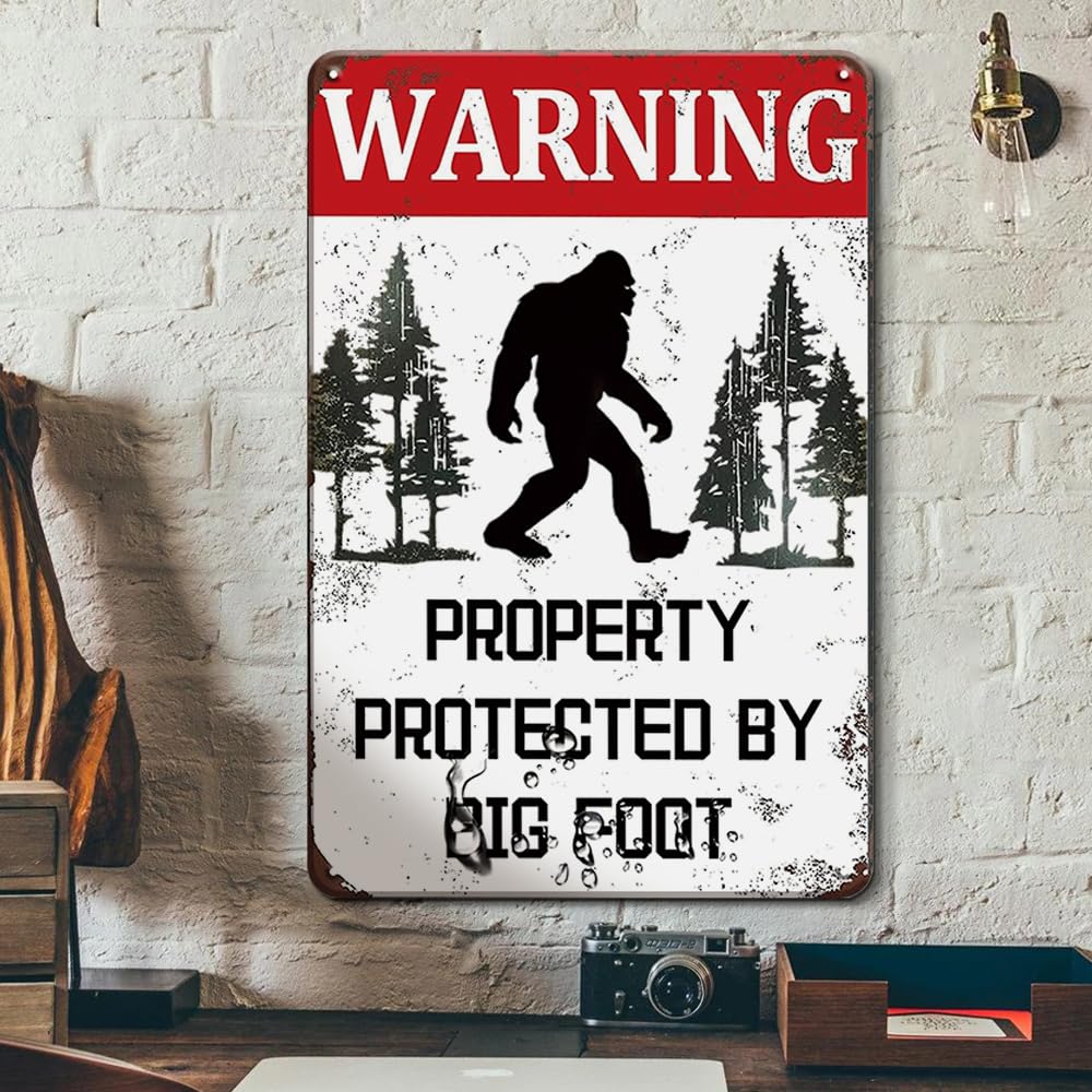 Preeklen Men's Tin Sign 005 Bigfoot Gifts For Garage Sign Warning Property Protected By Big Of Foot Signs Man Cave Funny Warning Metal Signs 6X8 Inch