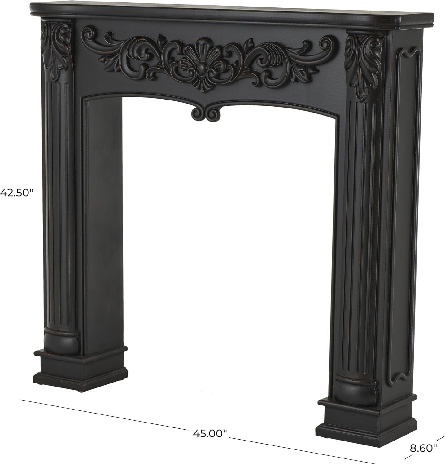 Deco 79 Wooden Scroll Fireplace Mantle Freestanding with Floral Accents, 45" x 9" x 43", Black