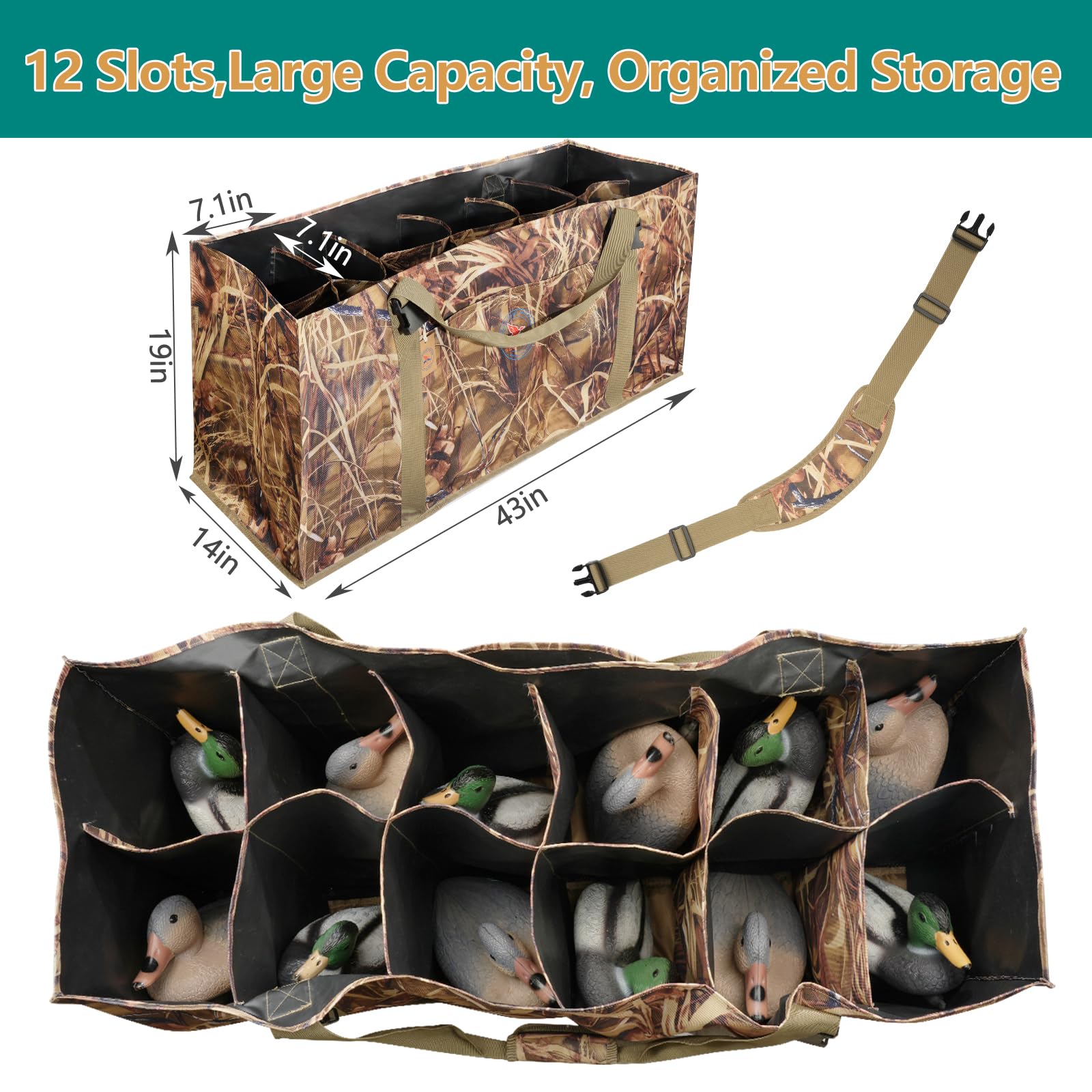 Scopaven 12-Slot Duck Decoy Bag, Durable Waterfowl Hunting Gear with Camouflage Design, Padded Protection & Bottom Drains for Easy Transport