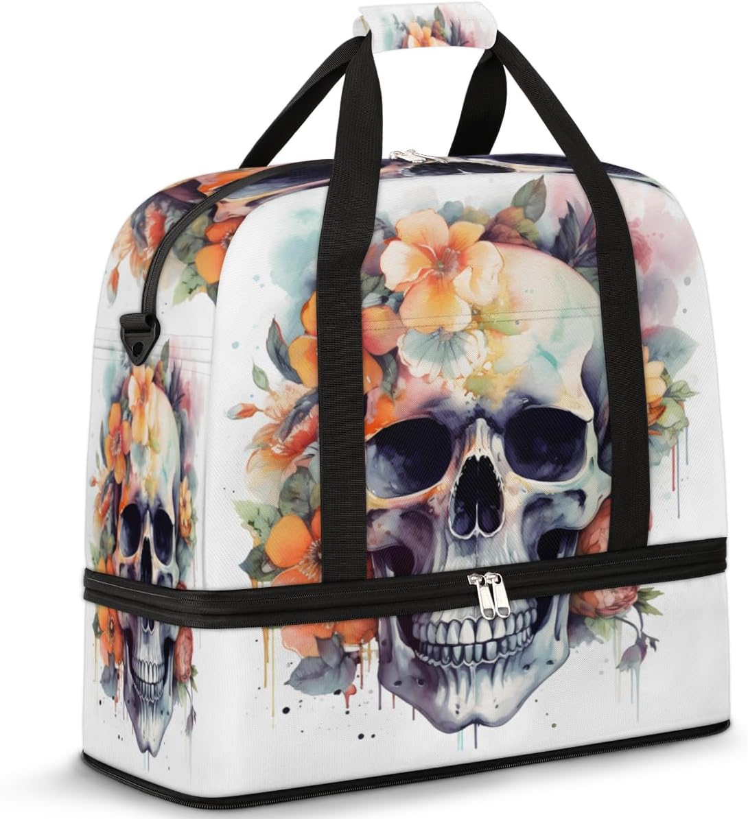 QsirBC Skull Decor Pattern Gym Bag for Women Duffle Tote with Shoes Compartment Men Weekender Duffel for Dance Travel Sports Swimming Overnight