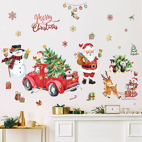 Miniatura 2 de decalmile Calcomanías de pared para ventana de Papá Noel, árbol de Navidad, rojo, calcomanías de pared de coche, muñeco de nieve, pingüino de