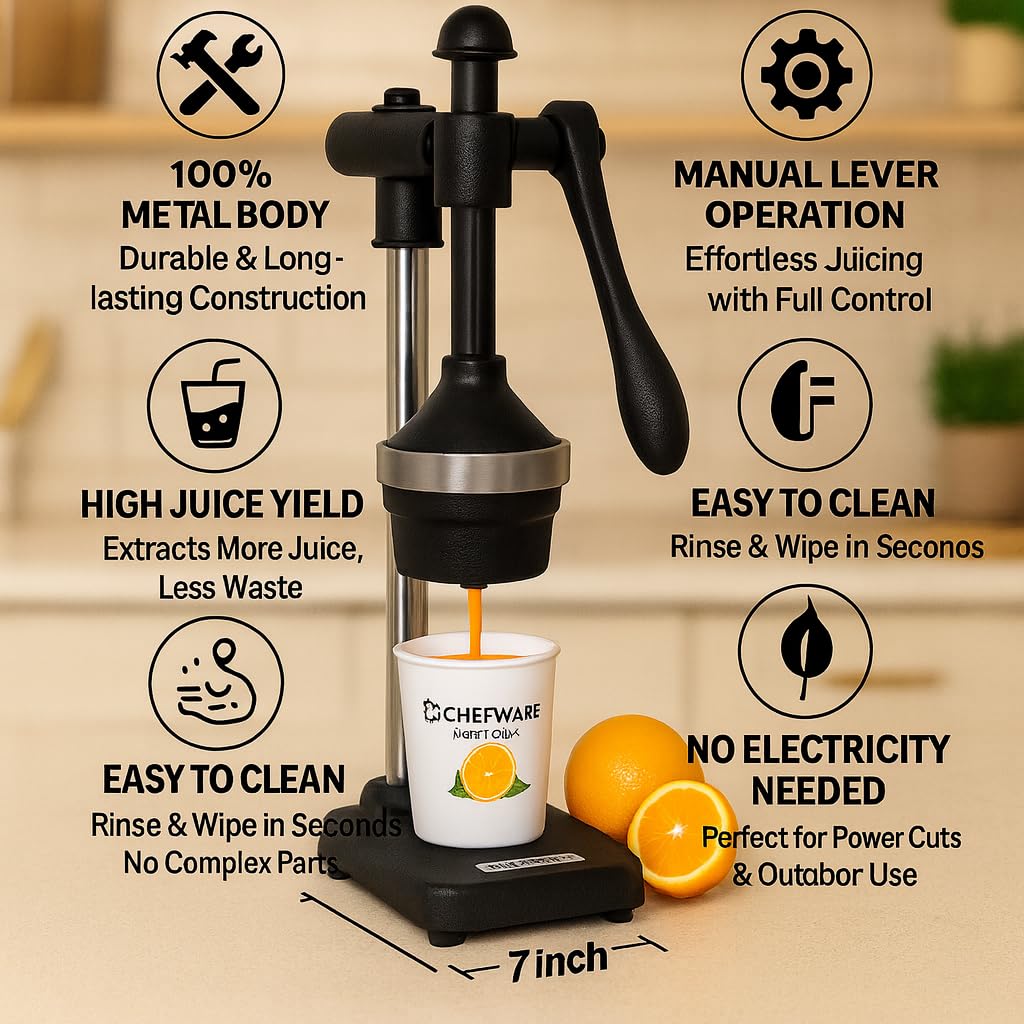 CHEFWARE Aluminum Instant Hand Press Citrus Fruits and Vegetable Juicer,  Big, Black,100% Made In India (Juice Pro Black)