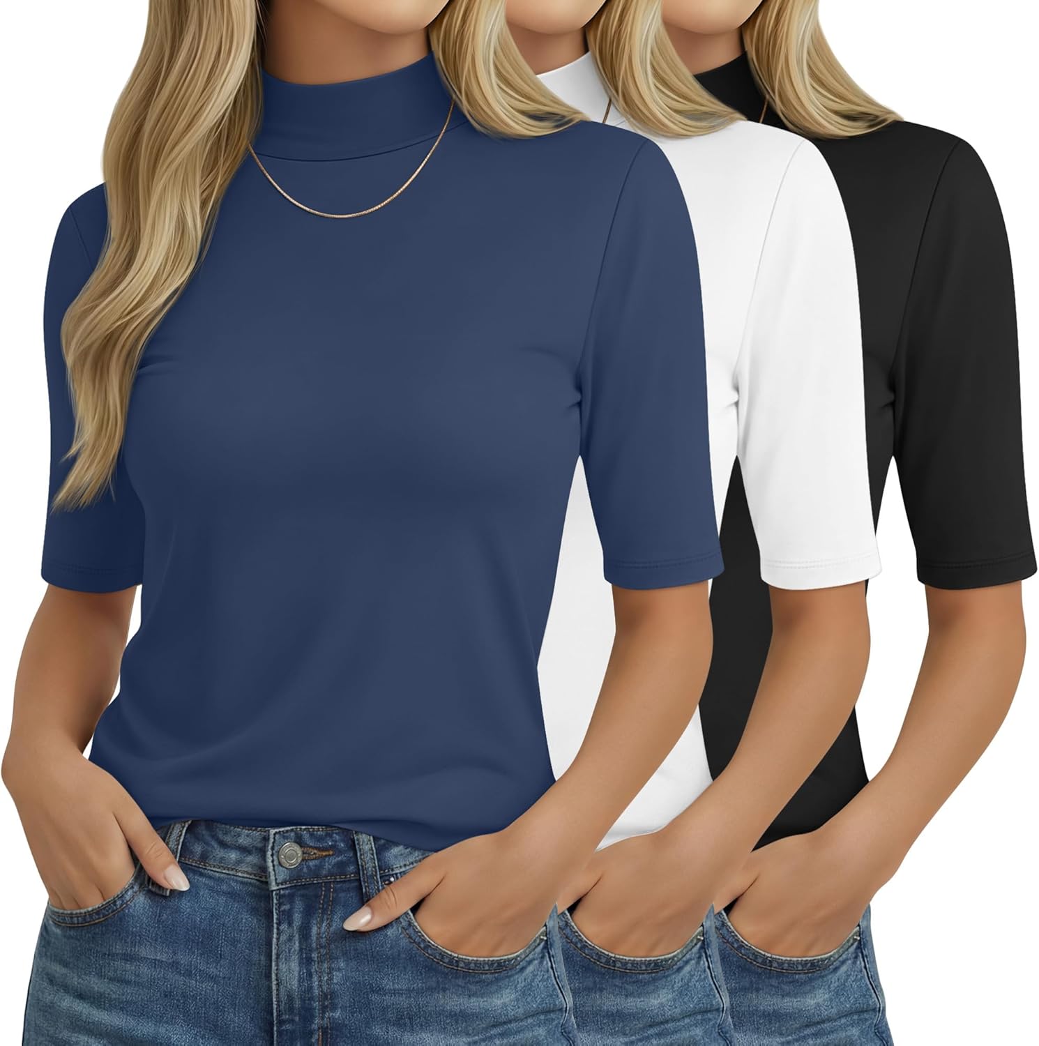 3 Pack Women's Mock Neck Tshirts Half Sleeve Turtleneck Tops Loose Fit Dressy Casual Tunic Shirts Summer Basic Tees
