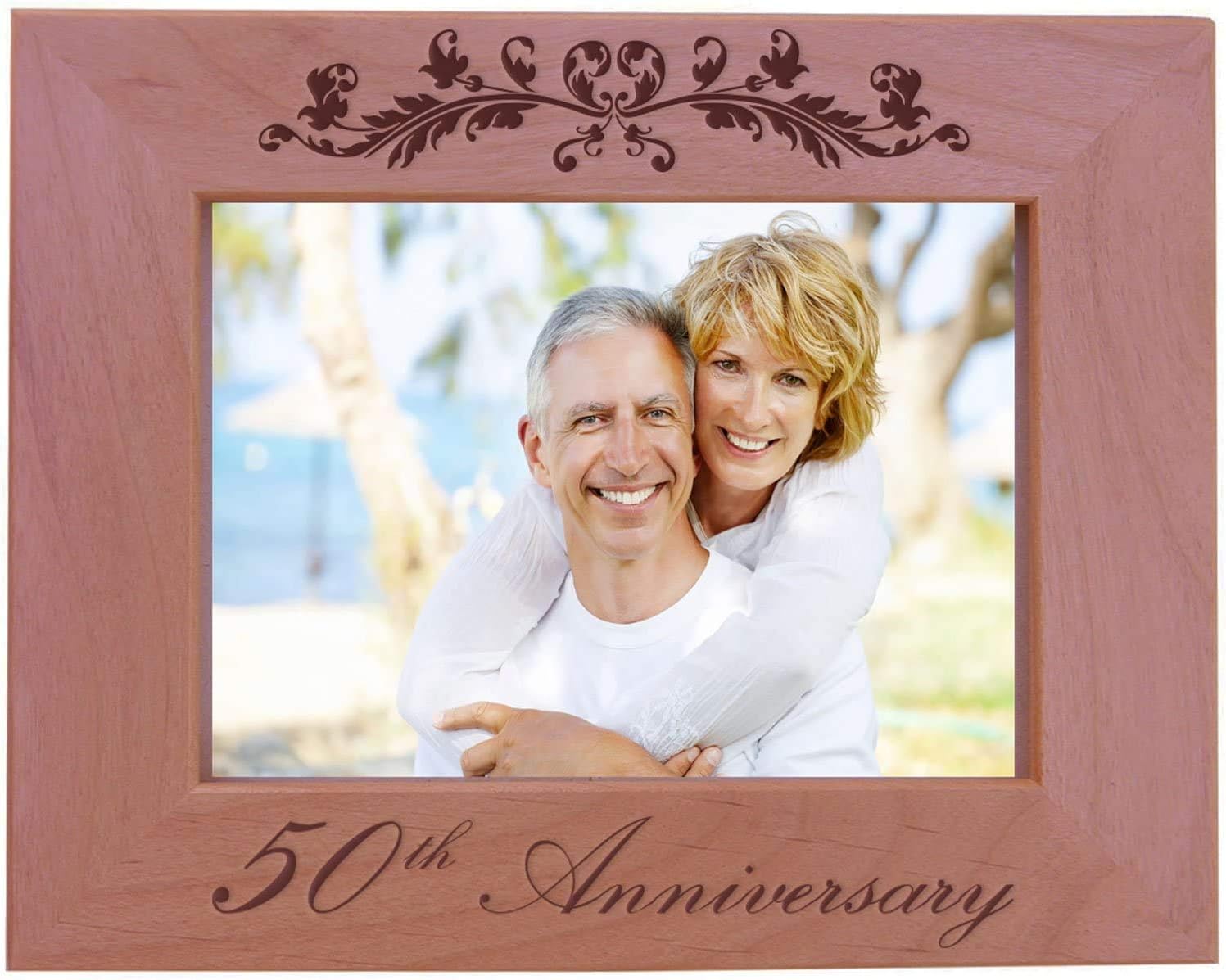 CustomGiftsNow 50th Anniversary - Engraved Natural Alder Wood Tabletop/Hanging Wooden Wedding Picture Frame (4x6-inch Horizontal)