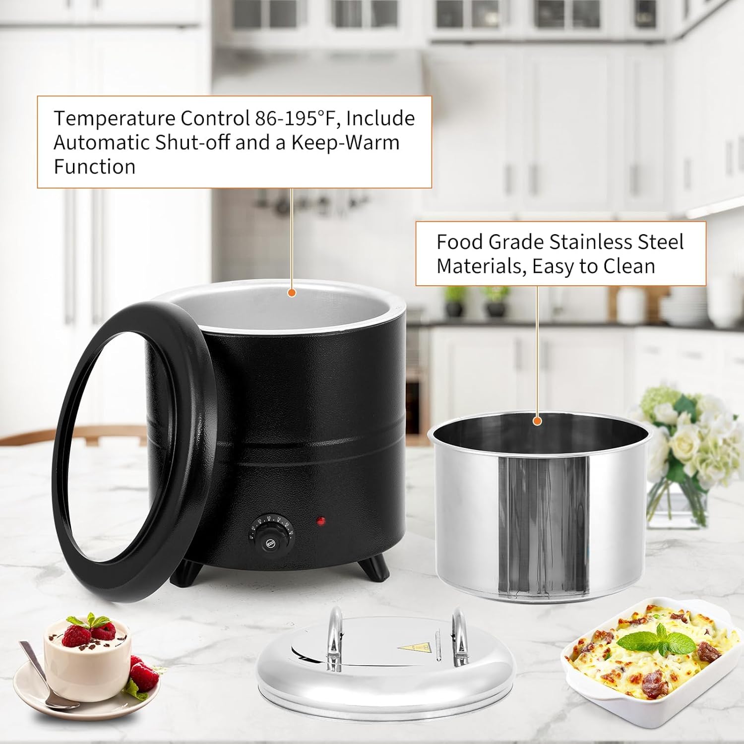 Commercial Electric Soup Kettle Warmer – 10L/11Qt Stainless Steel Pot with Removable Inner Pot – Hinged Lid & Anti-Scald Handle – Professional Food Warmer for Restaurant, Buffet & Catering