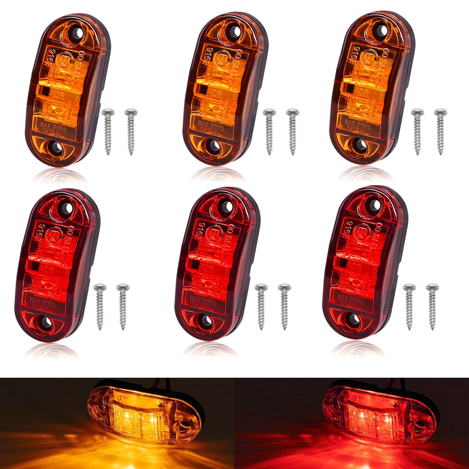 Tnisesm 6Pcs Amber+Red 2.5 Inch Waterproof Trailer Marker Lights, 2 Diode LED Trailer Side Marker Light, Oval Running Lights For RV Camper Accessories
