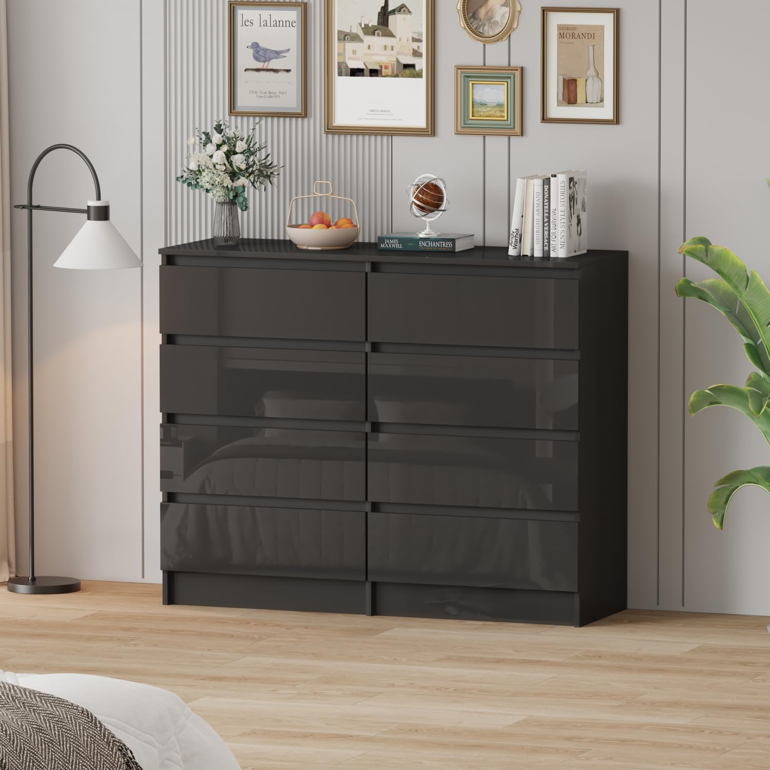LSLIFE Weiße Kommode mit 6/8 Schubladen Hochglanz Schlafzimmerschrank Nachttisch Sideboard Stauraum Möbel für Wohnzimmer Büro Flur (Black 8 Drawer)