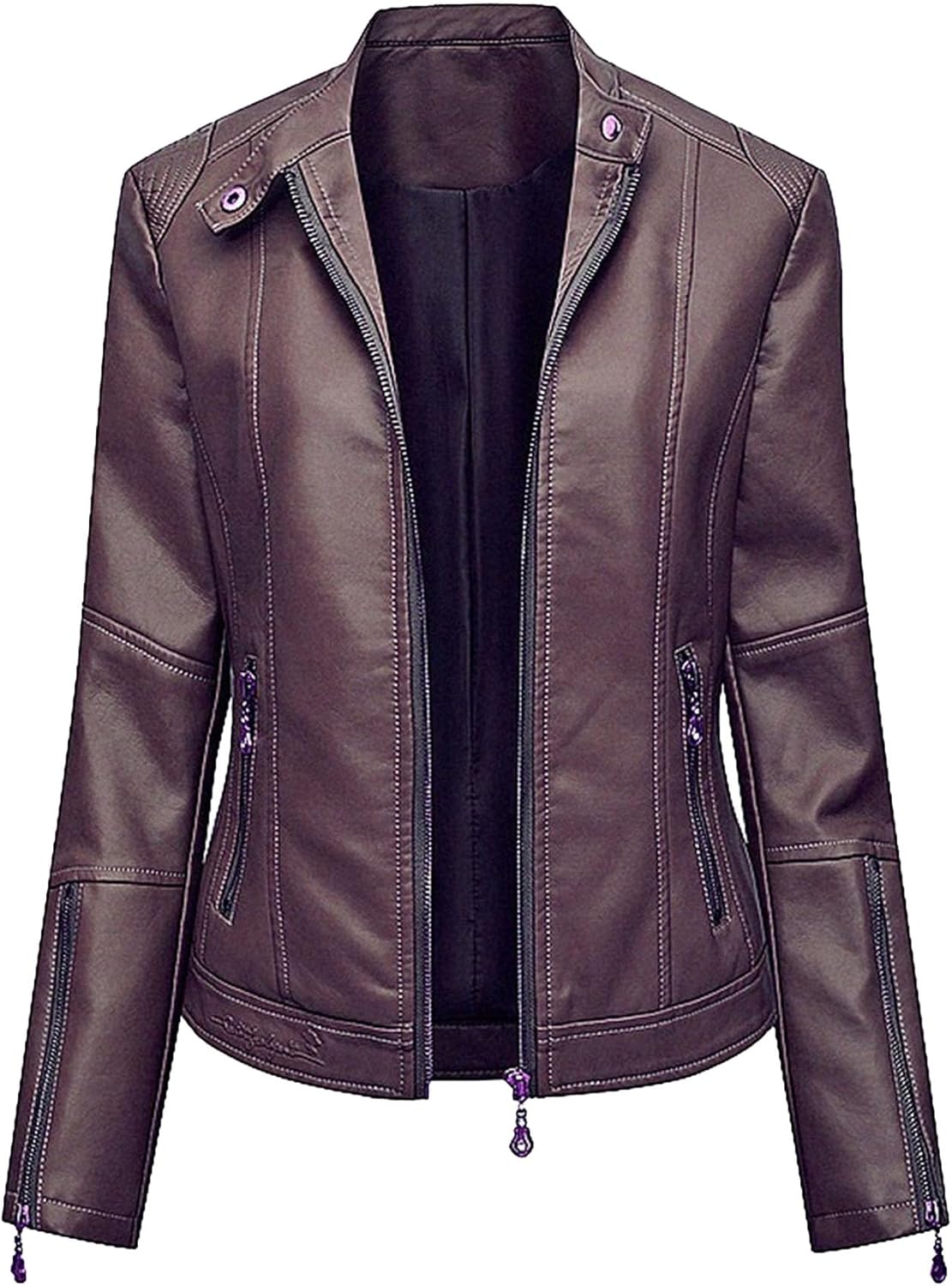 Women's Faux Leather Zip Up Vintage Coat Stand Collar PU Casual Coat Jacket Long Sleeve Solid Fall Outerwear