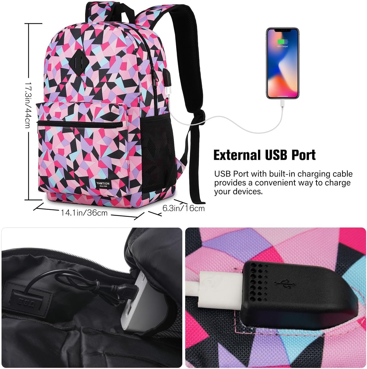 YAMTION Unisex School Backpack Leaves,Casual Bookbag Adults and Teens Schoolbag with USB Port for High School College Office Work Travel