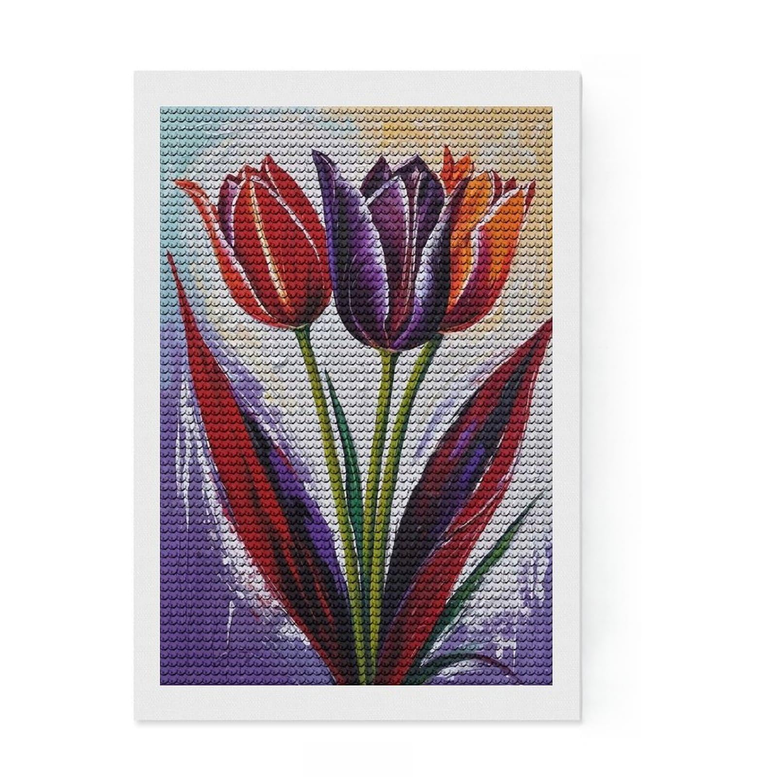 Junmoney Tulip Trio Painting Diamond Painting Kit 8"x12", Detailed Printed Canvas, with Tool Kit, Full Kit Included, Canvas Picture