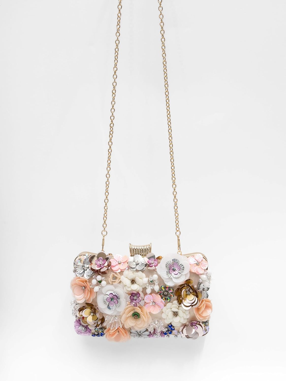Floral Evening Bag for Women Beaded Clutch Purse with Sequins & Rhinestone Wedding Party Handbag with Chains