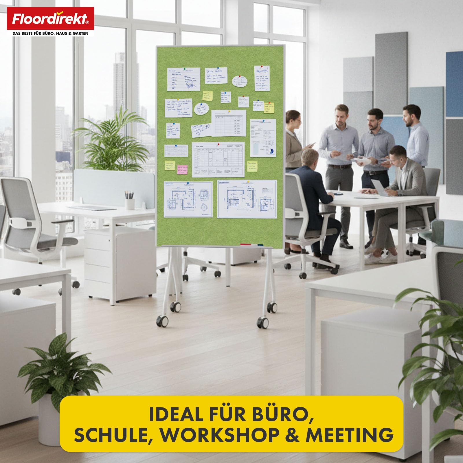 Floordirekt Dwustronna tablica do moderacji, 80 x 120 cm, tablica prezentacyjna z regulowanymi rolkami – tablica filcowa do przypinania – stabilna metalowa rama – Giant (zielona)