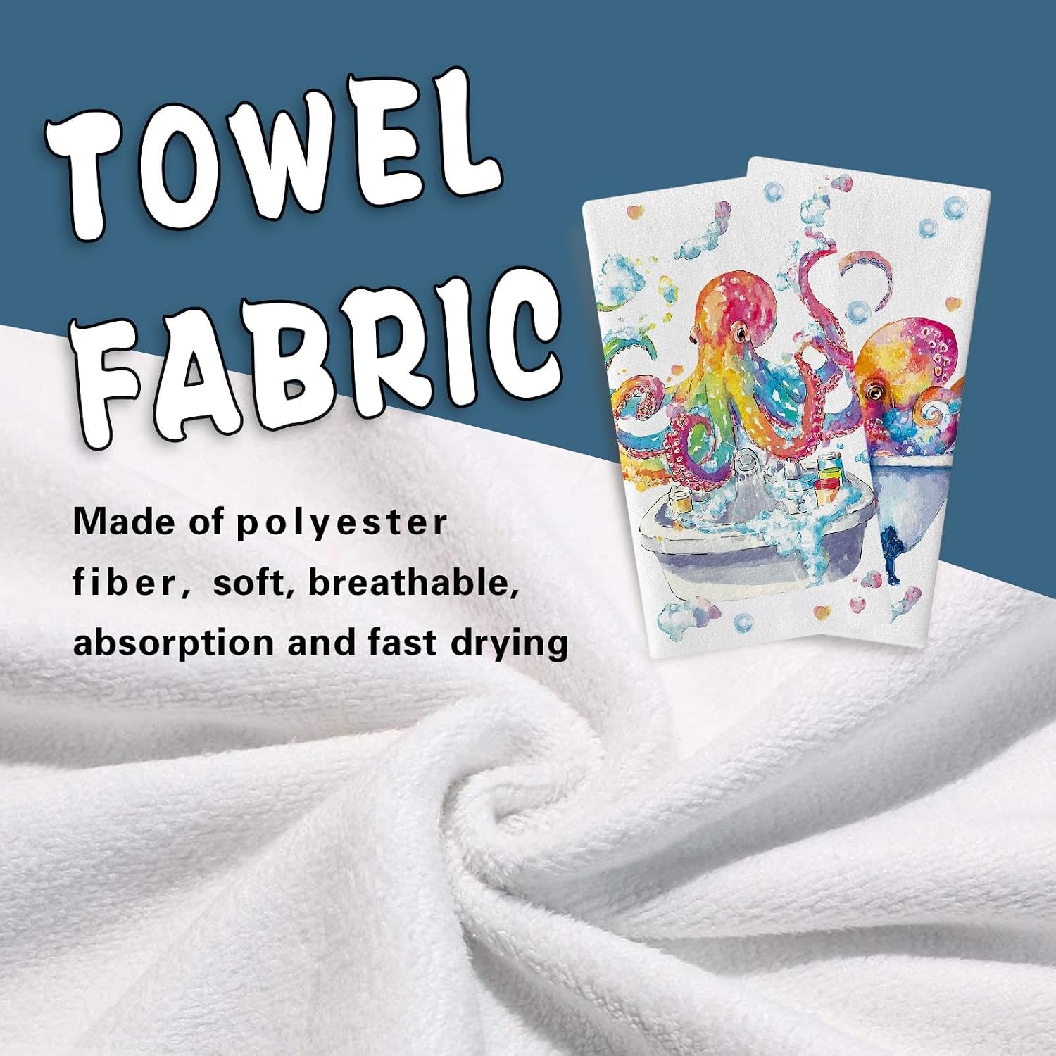 Watercolor Coastal Octopus Bathroom Kitchen Dish Towels Set of 2, Bathtub Toilet Beach House Drying Hand Towel Baking Cooking Cloth, Nautical Sea Ocean Washroom Restroom Home Decor 18''x26''