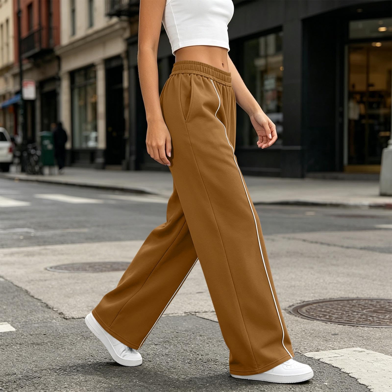Generico Pantaloni Tuta Donna Pantaloni Sportivi Vita Alta Pantalone a Gamba Larga Larghi e Morbidi Pantalone Baggy con Tasche Pants Lunghi con Coulisse Regolabile per Allenamento Jogging Fitness