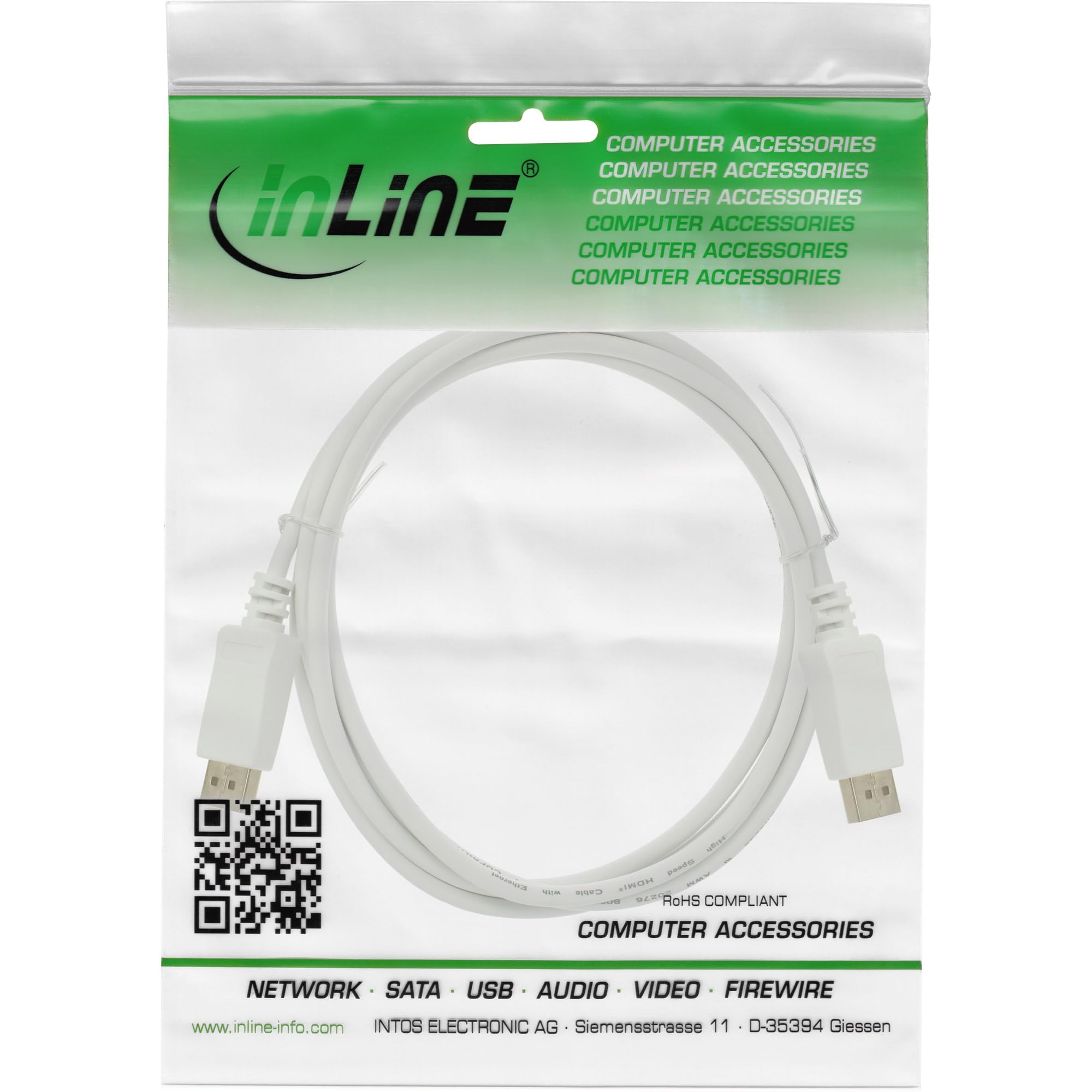 InLine Câble DisplayPort 1.4 8K 60Hz UHD 4K 120Hz HDR Blanc Contacts dorés 1m 17201W
