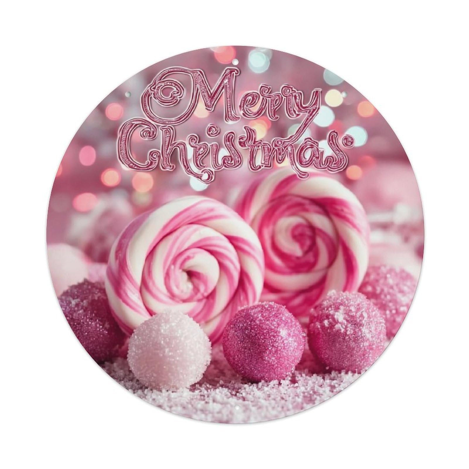 Merry Christmas Candy Pattern Print Retro Metal Sign Round Tin Sign, Vintage Decor Art Poster for Bar, Home, Man Cave, Kitchen, Laundry Room Gift 8x8Inch
