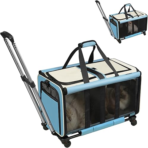 Miniatura 9 de Transportador de gatos con ruedas para 2 gatos, plegable de doble compartimento con ruedas para 2 gatos pequeños y perros, transportador de viaje