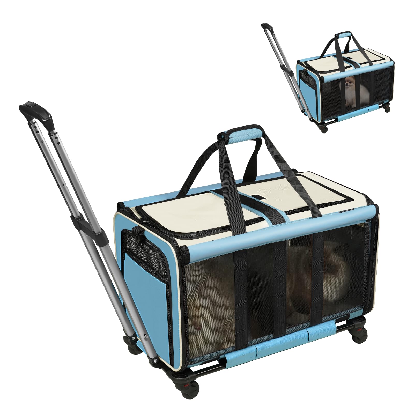 Rolling Cat Carrier with Wheels for 2 Cats, Double-Compartment Foldable Pet Carrier with Wheels for 2 Small Cats and Dogs, Pet Cat Travel Carrier for Hiking/Camping/Veterinary Visits, Blue