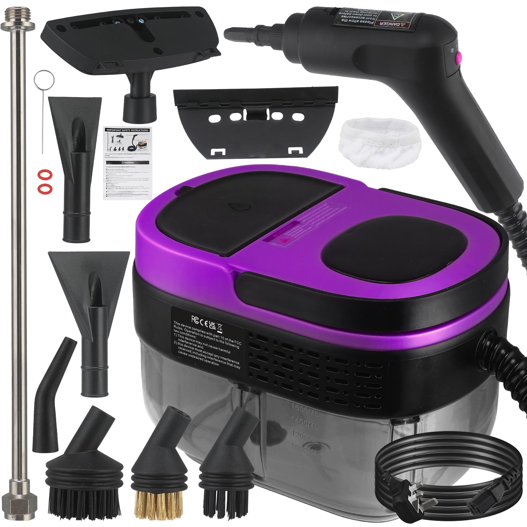 Steam Cleaner, 3-Level Adjustable Handle, 15s Heat-Up, 1.69 Quarts Tank, Portable Steamer for Cleaning with 10 Accessories, Steam Cleaner for Home for Dirt (Purple)