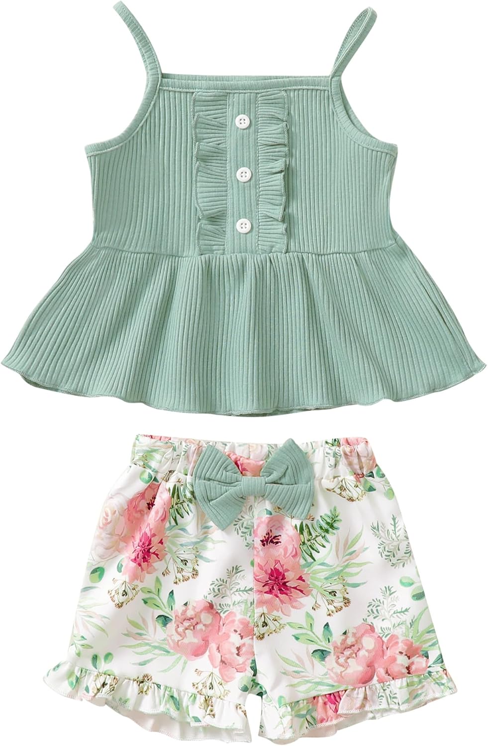 Kucnuzki Toddler Baby Girl Clothes Summer Outfits Ruffle Sleeveless Linen Shirt Kid Short Set for Girl