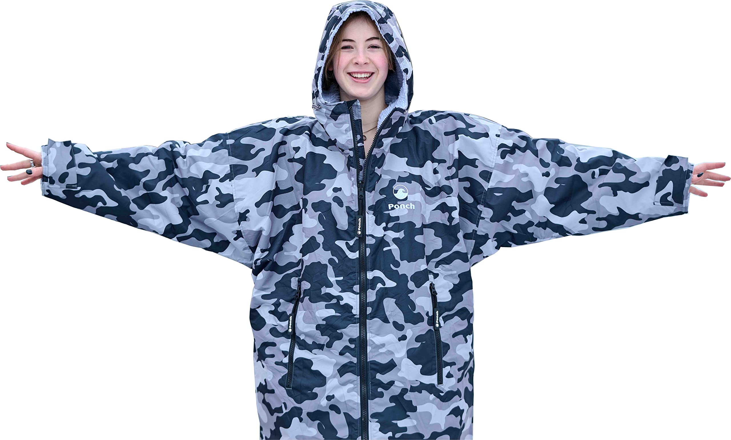 Ponch Robe - Changing Robes Camoflauge with Pink fleece lining. Waterproof Windproof camo changing parka- Oversized Ponchos jacket, Small Grey/Camo