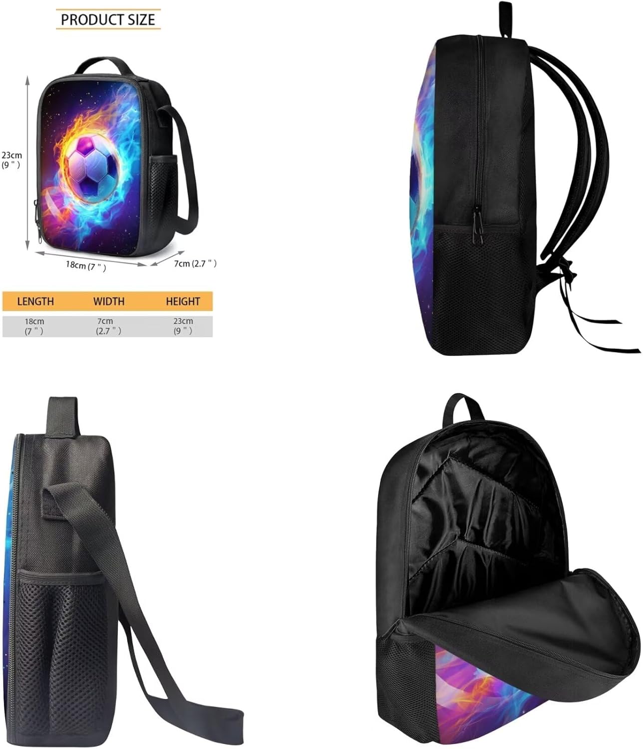 3 Pcs Fire Soccer Printed Backpack Set for Boys, Lightweight School Bag Set with Insulated Lunch Box for Students, Large Capacity School Backpack Set with Pencil Case, Gift for Back to School