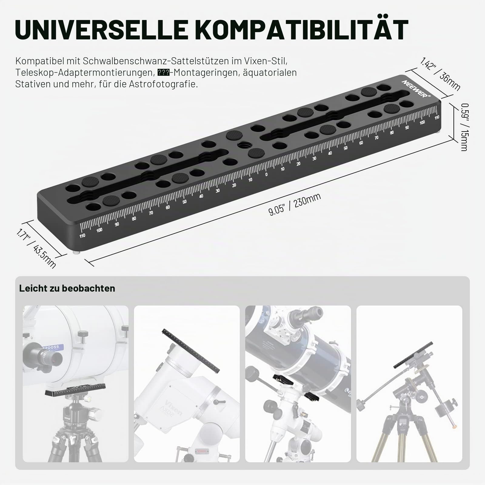 NEEWER 230mm Schienenleiste Vixen Stil Schwalbenschwanzplatte, Metall Sattel mit M6 1/4 Zoll 3/8 Zoll Kameraschraube für Teleskophalterung, Adapter OTA Äquatorial Stativ Astrofotografie