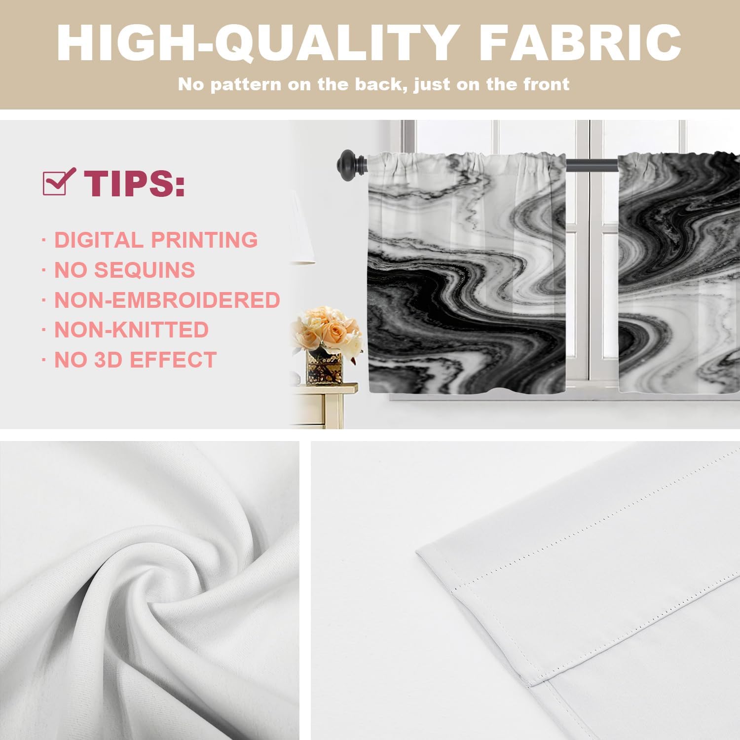 White Gray Modern Marble Kitchen Tier Curtains for Windows,Jet Black Art Texture Blackout Valances Multilayer Polyester Window Treatments for Kitchen 2 Pack 26X24 Inches