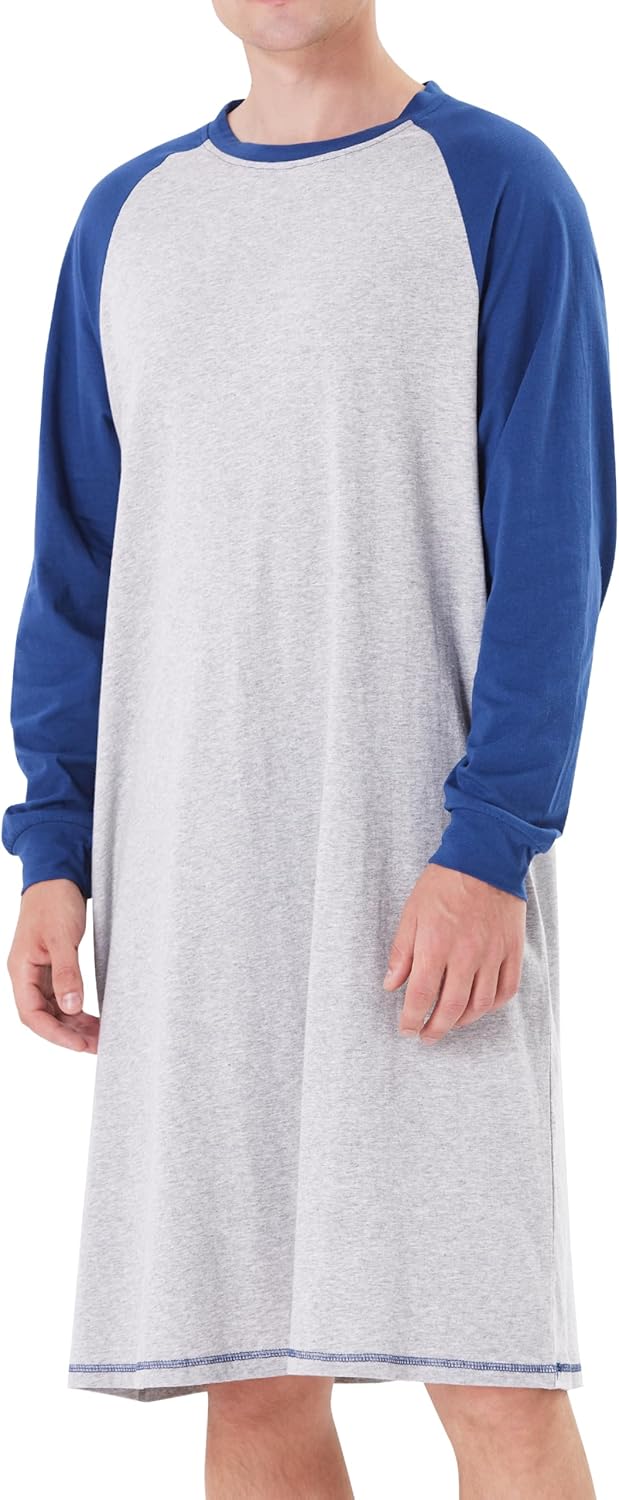 Keyocean Mens Cotton Nightgown Soft Lightweight Long Sleeve Sleepshirt Crew Neck & Pockets Comfortable Lounge Nightwear - Image 8