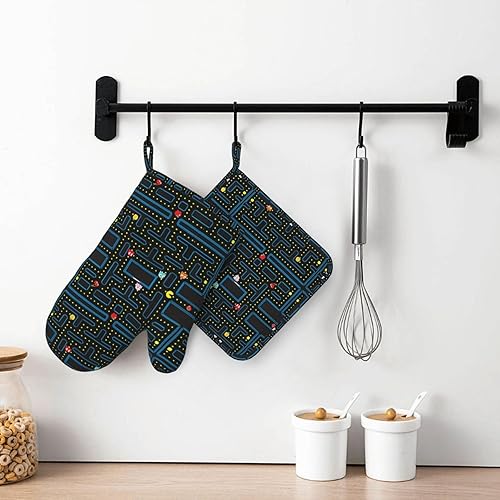 Miniatura 7 de Juego de guantes de horno y soportes para ollas con patrón de videojuegos retro, resistentes al calor, antideslizantes, de silicona, con guantes de