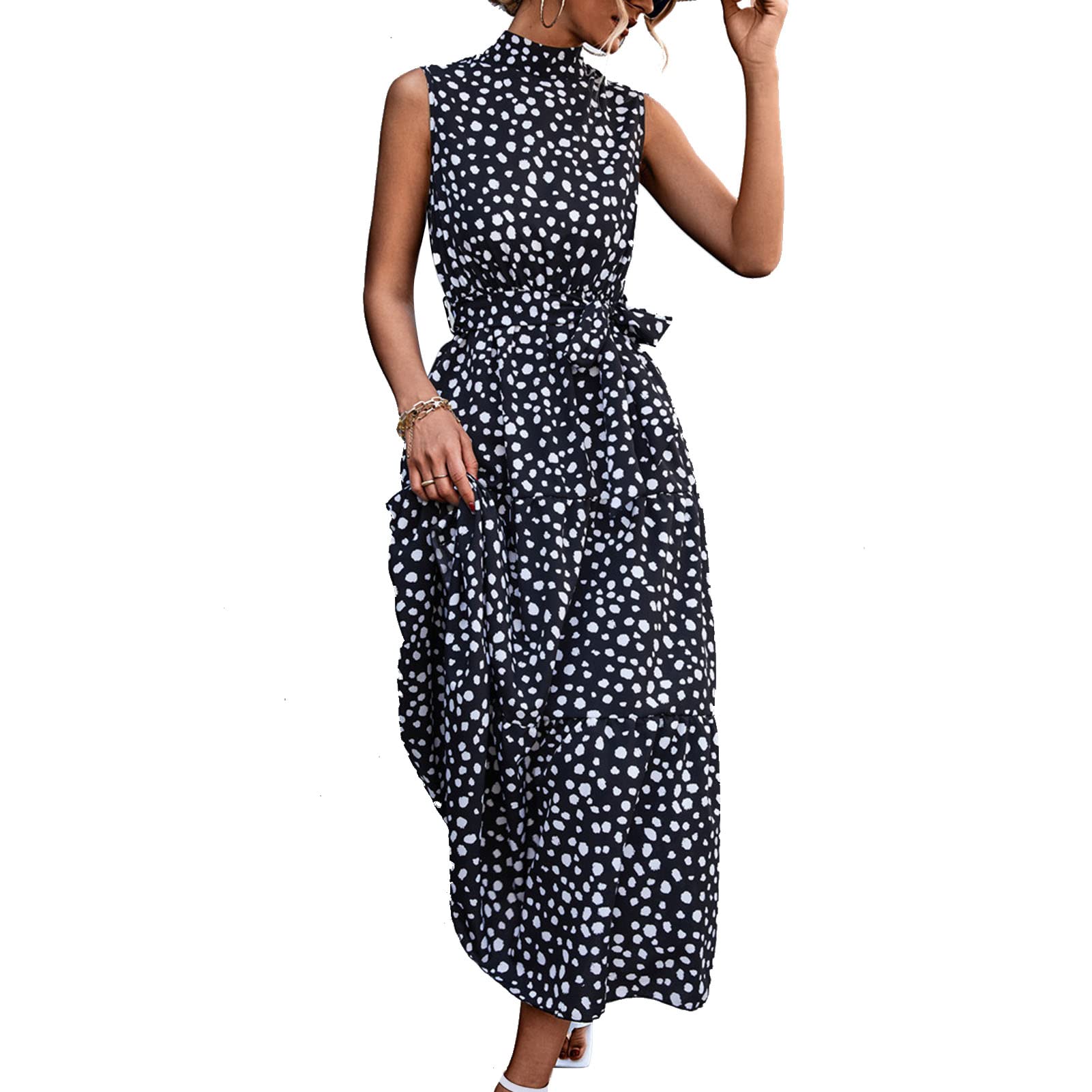 Abito con Stampa a Pois, Colletto in Basamento Senza Maniche con Cintura Abito Estivo Lungo da Donna Alta Abito Estivo Elegante Abito Lungo Collo Alto con Cintura per Feste,