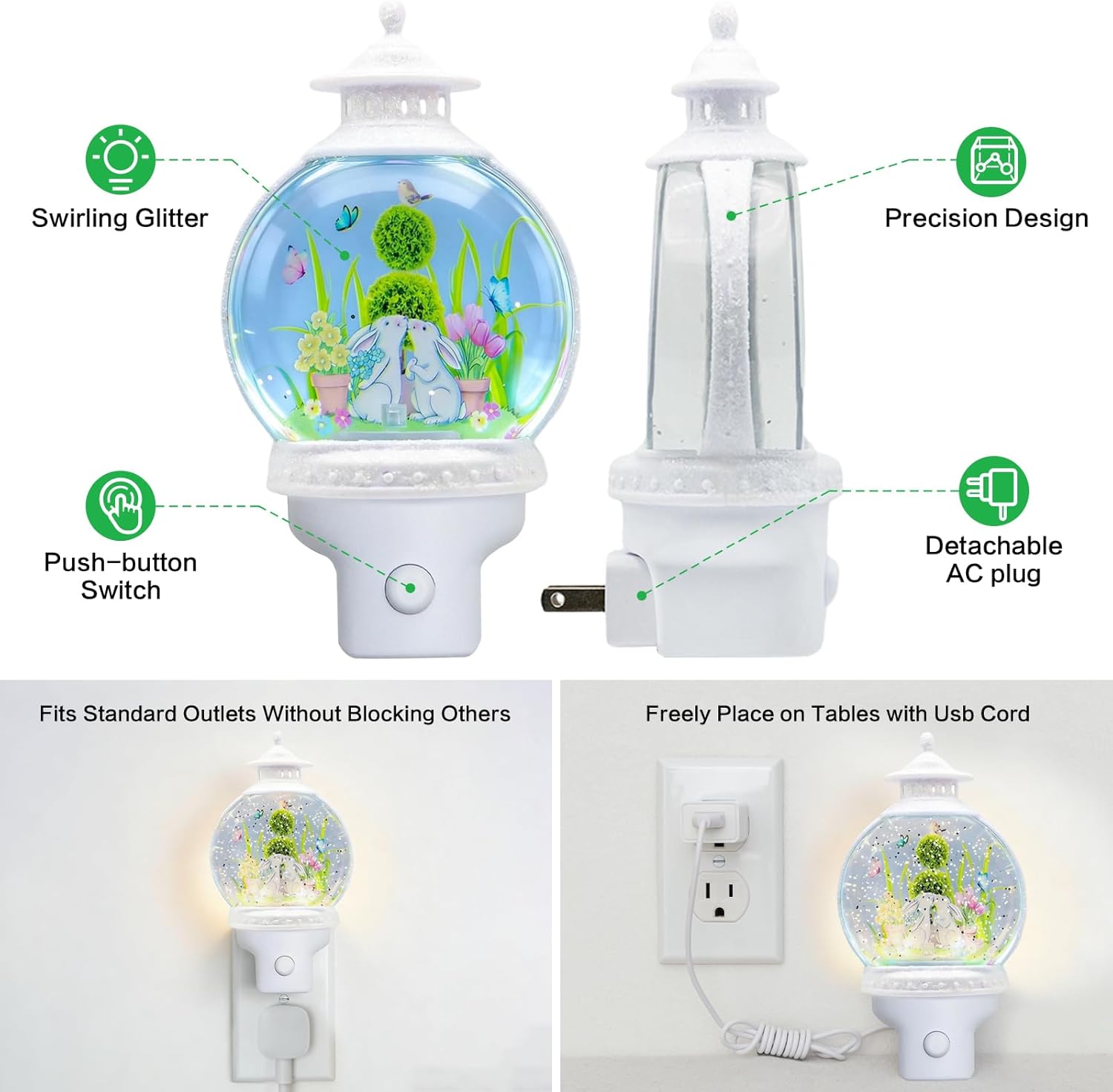 Spring Night Light Plug into Wall with Swirling Glitter, Rabbit Decorative Nightlight with USB or Outlet Power, Soft Ambient Bunny Light for Bedroom, Hallway, Nursery, Home Decor Gift