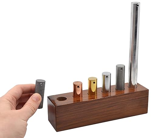 Miniatura 2 de Eisco Labs cilindros con igualdad de masa (100 g), juego de 6 gravas con soporte de madera y orificios para suspensión, longitudes variadas, de 0.6