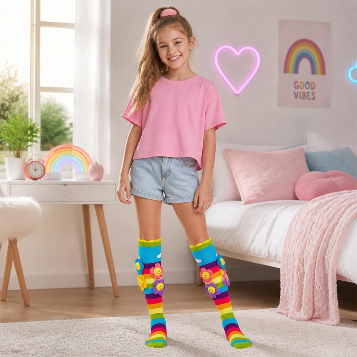 Crazy Fun Girls Knee High Socks - 3D Flower Rainbow Novelty Sock Crazy Day