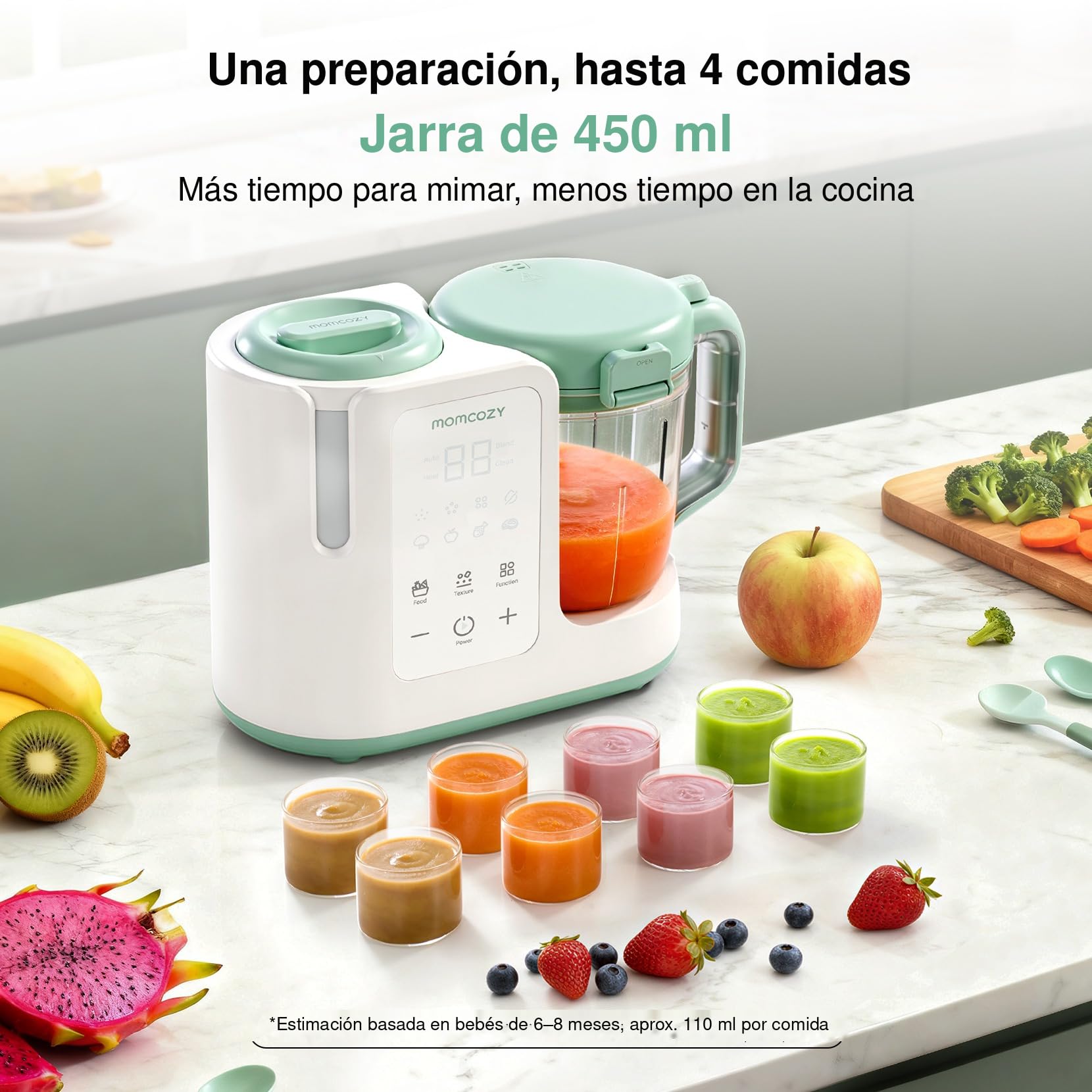 Momcozy Robot Cocina Bebé 4 en 1, Automático con 3 Texturas, 450 ml