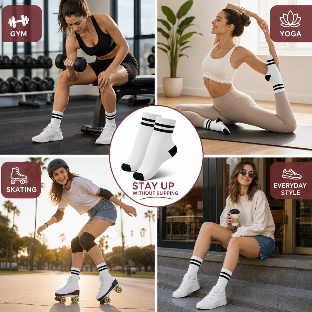 Forever Bambe Mini Crew Socks for Women 4-Pack Cushioned Bottom Retro Striped Socks - Athletic Women's Short Calf Sock