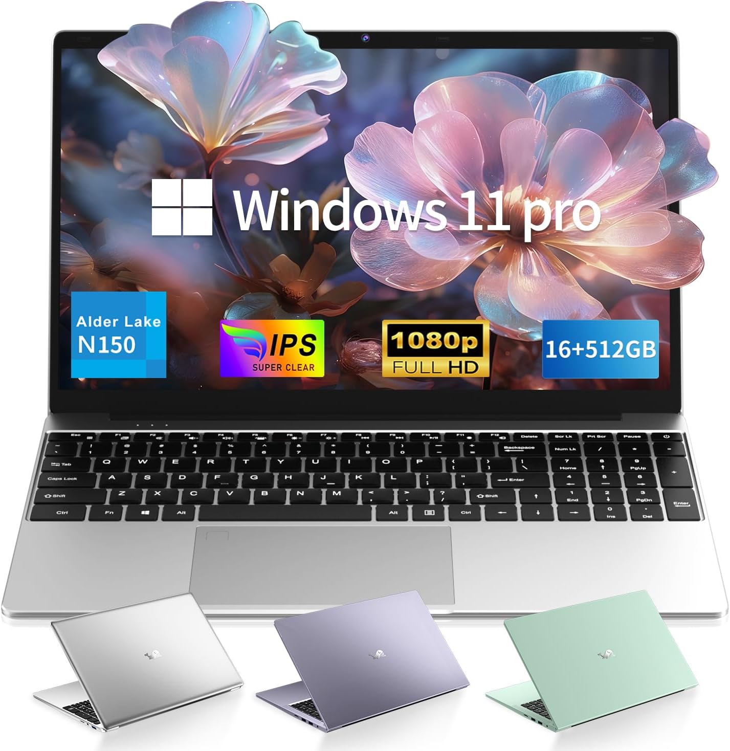 2025 Laptop Computer 15.6″ FHD IPS Display, 16GB RAM 512GB SSD, 4-Core N150 Processor up to 3.6GHz, with Win 11 Pro, Thin & Light 3.52lbs, Backlit Keyboard, Silver