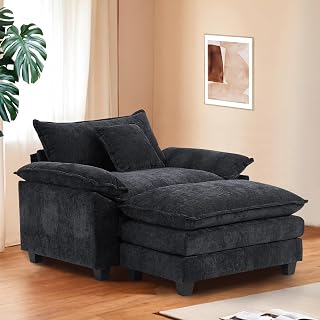 Furniliving 46'' Oversized Chenille Chair with Ottoman & Pillows - Deep Seat Single Sofa Chaise Lounge for Living Room, Black