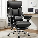 COMHOMA Big et Président du Bureau de haut niveau 400lbs Chaise de jeu à dos élevé avec support lombaire ergonomique & Coussin de ressort de poche pour soulager la douleur du bas du dos, Chaise exécutive en cuir avec repose-pieds, Iron Black