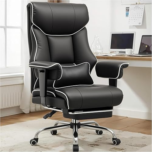 COMHOMA Big and Tall Office Chair 400lbs High Back Gaming Chair with Ergonomic Lumbar Support & Pocket Spring Cushion for Lower Back Pain Relief, Leather Executive Chair with Foot Rest, Iron Black