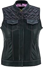 Leatherick Gilet de moto en cuir noir pour femme - Doublure traditionnelle en satin cachemire avec coutures cœur rose et rouge