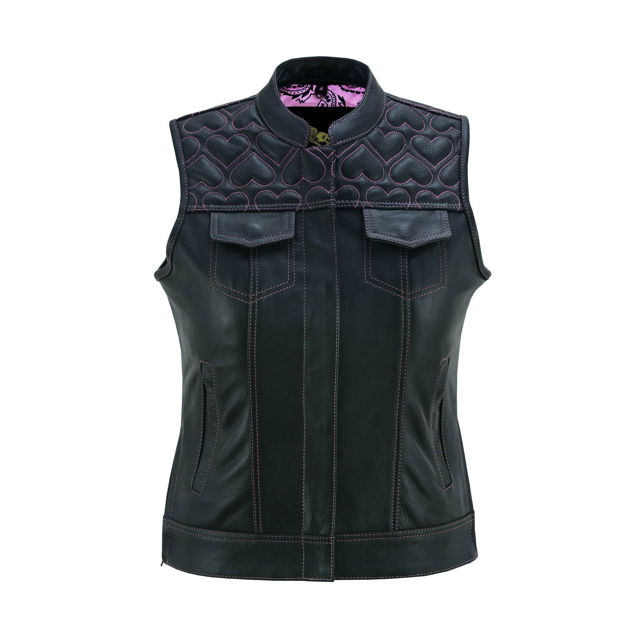 Leatherick Gilet da motociclista in pelle nera da donna - Fodera tradizionale in raso Paisley con cuciture a cuore rosa