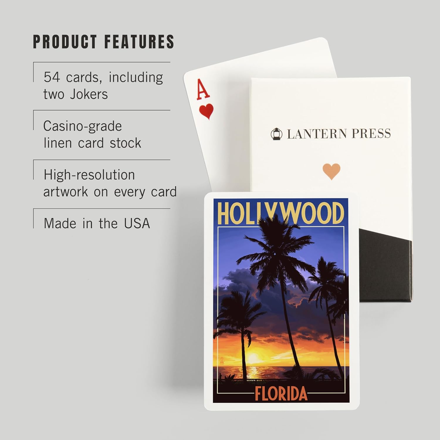 Lantern Press Hollywood, Florida, Palms and Sunset, 52 Playing Cards for Adults, Poker Size Card Deck