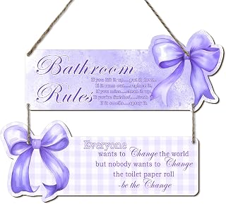 Purple Bow Bathroom Wall Decor - Set of 2 Fun Rustic Wooden Signs, Teen Bedroom Decor, Suitable for Teen and Girl Bedrooms, Gifts for Daughters and Besties