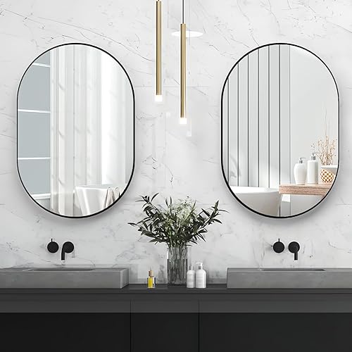 Miniatura 2 de Manocorro Espejo de pared ovalado negro de 20 x 30 pulgadas, espejo de baño ovalado grande con marco de aleación de aluminio, vertical y horizontal,